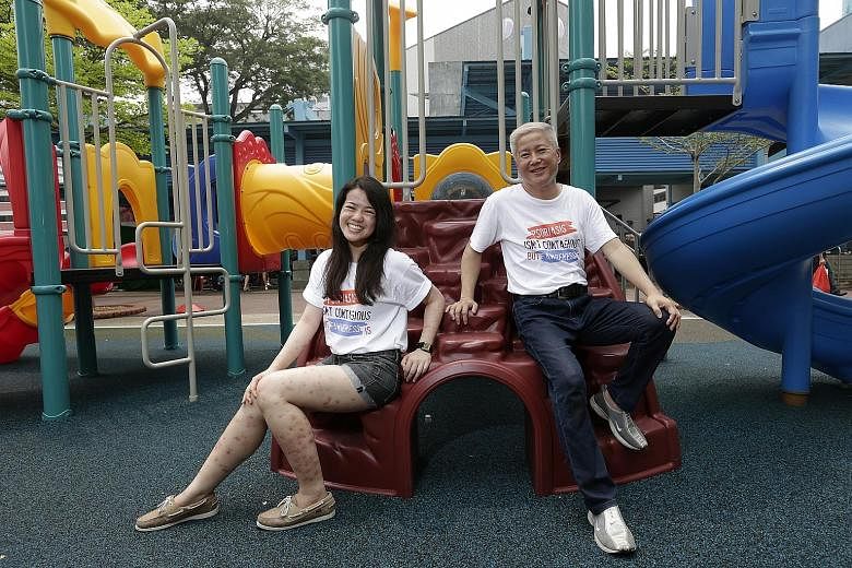 Ms Yvonne Chan, 23, who has psoriasis, has embraced her condition, which left dark patches on her legs. Mr Jerome Yong, 51, had some of his worst outbreaks of psoriasis in his 30s. Now his condition is better and he hopes to create more awareness of 