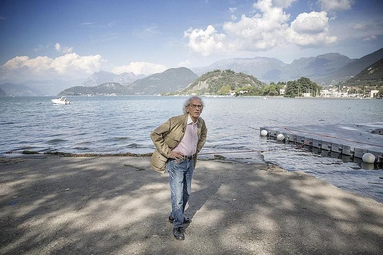 Artist Christo (left) at Lake Iseo in Italy, where his installation will allow people to walk over the water, and a drawing of The Floating Piers (below).