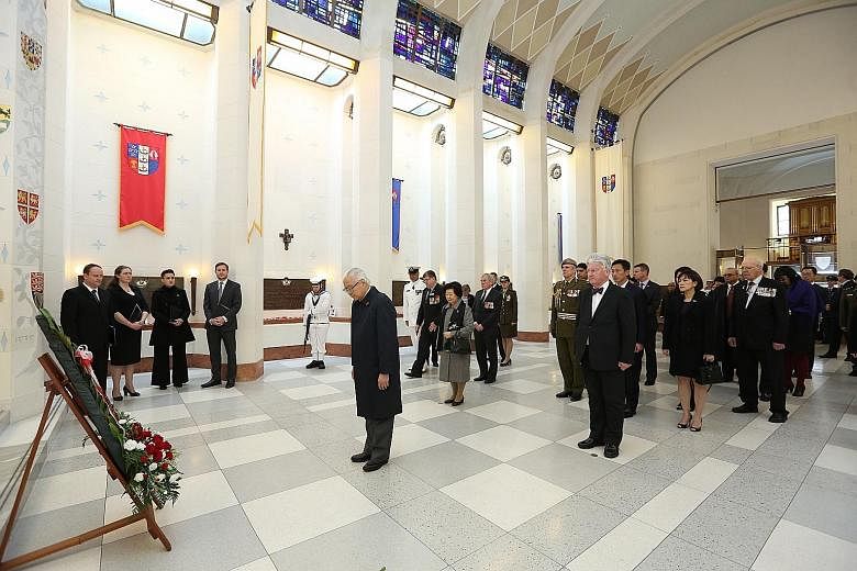 President Tony Tan Keng Yam paying his respects after laying a ceremonial wreath at the Pukeahu National War Memorial Park in honour of New Zealand soldiers who died serving their country.