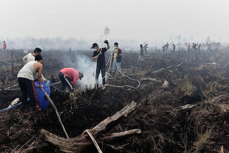 Volunteers extinguishing a peatland fire on Tuesday on the outskirts of Palangkaraya, central Kalimantan, where respiratory illnesses have soared in recent weeks.