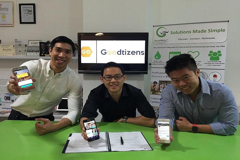 StartNow co-founders Keith Tan (left) and Ivan Chang with Goodtizens CEO Darren Yong. StartNow provides software for non-profit and governmental organisations.