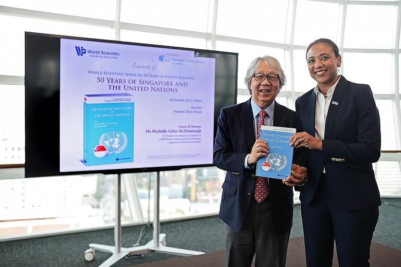 Prof Tommy Koh and Ms Michelle Gyles-McDonnough at the launch of the book at the National Library yesterday.