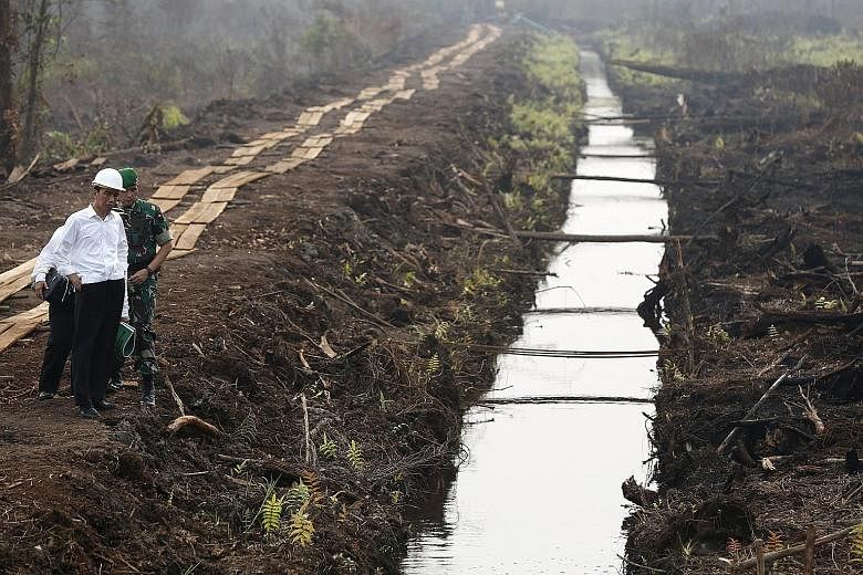 Indonesian President Joko Widodo inspecting a newly built canal in Pulang Pisau yesterday. He had ordered such canals to be built to prevent peatland fires from spreading.