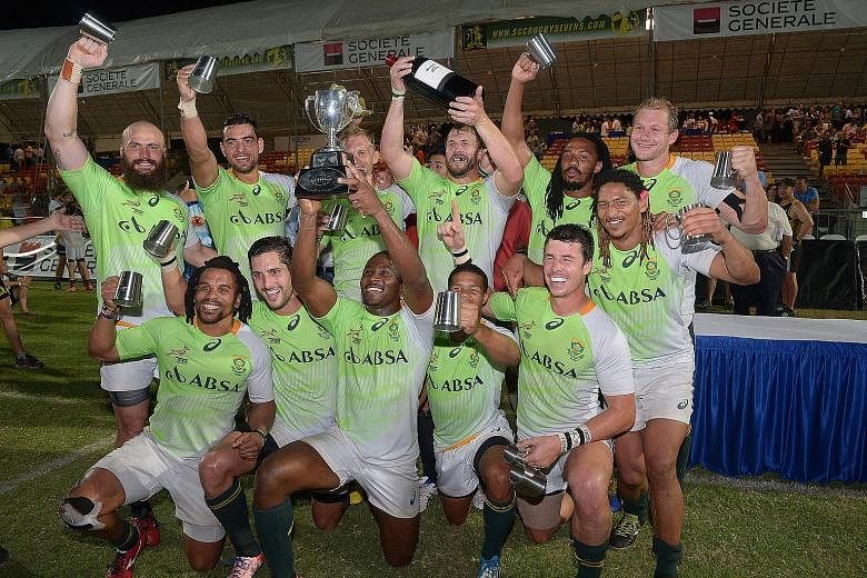 The victorious South Africa Sevens Academy side after their 36-5 demolition of the Penguins at the Padang yesterday.