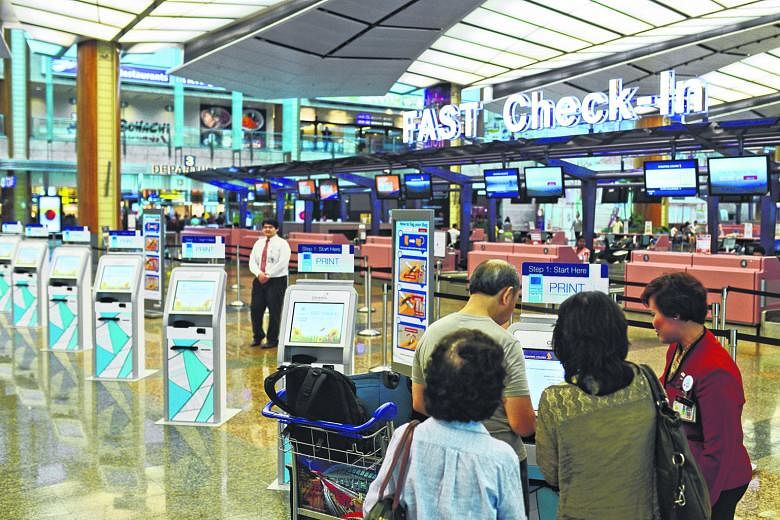 Self-service check-in kiosks are already common at a growing number of airports, including Changi (left). Other IT initiatives that airports are looking at include ground sensors and beacons - to keep travellers informed via their mobile phones and o
