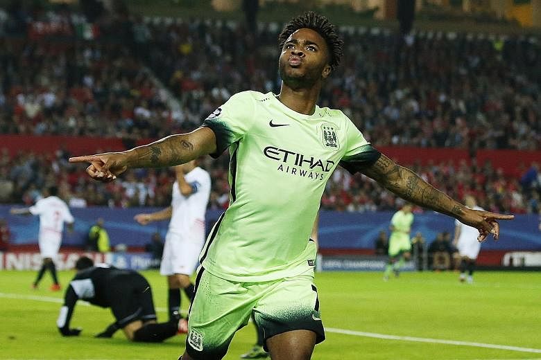 Manchester City's Raheem Sterling after scoring their first goal at Sevilla's Sanchez Pizjuan Stadium in Spain. Fernandinho and Wilfried Bony also netted in the 3-1 win which took City in the round of 16.