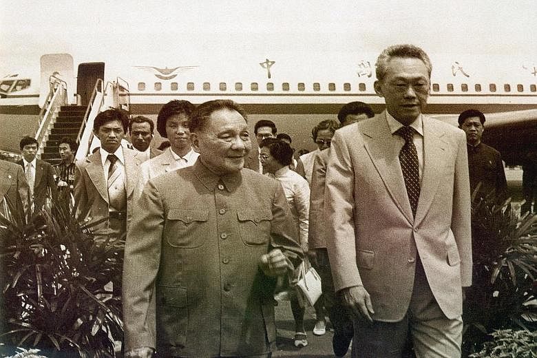 Then Prime Minister Lee Kuan Yew welcoming Chinese patriarch Deng Xiaoping to Singapore in November 1978.