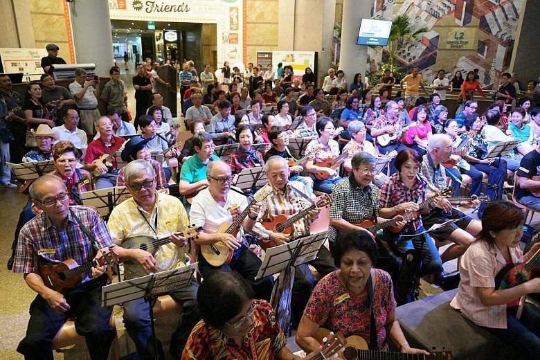 A ukulele jam at the Concourse hosted by the UkeBoomers opened the Esplanade's annual festival, A Date With Friends, on Thursday. The festival for senior citizens, now in its 12th year, aims to provide senior artists or hobbyists with a platform to s