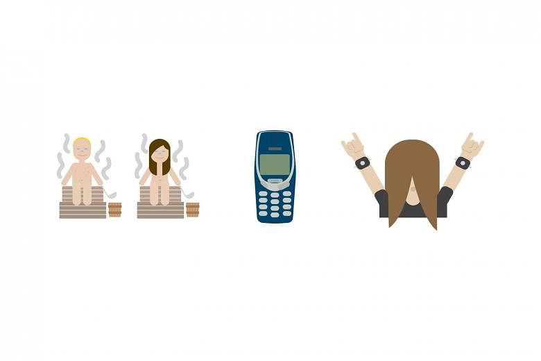 Finland's government has billed the use of national symbols for themed emojis as a world first. The first three emojis of the full set of 30 are of (from left) a couple in a sauna, a Nokia phone and a heavy metal music fan.