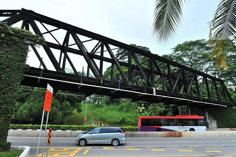The two steel truss bridges to be conserved are a 45m-long one across Bukit Timah and Dunearn roads (left) and a 60m-long one near the Rail Mall in Upper Bukit Timah Road (below).