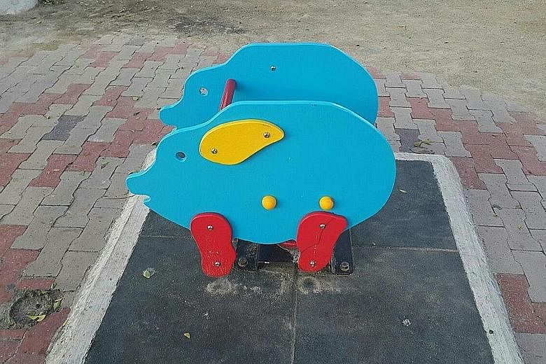 The pig-looking structures (left) at the playground in Esplanade, Penang, were replaced by those with bird designs (right).
