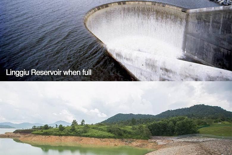 The water level at the Linggiu Reservoir has dropped from 55 per cent in August to 43 per cent now due to low rainfall over the reservoir catchment area in the past year. The reservoir regulates the flow of Johor River, from which Singapore and Johor