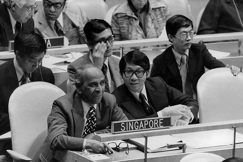 Then Minister for Foreign Affairs S. Rajaratnam and Ambassador Tommy Koh at the UN General Assembly in 1974. Professor Koh was Singapore's permanent representative to the UN for 13 years, during which he was able to influence important global guideli