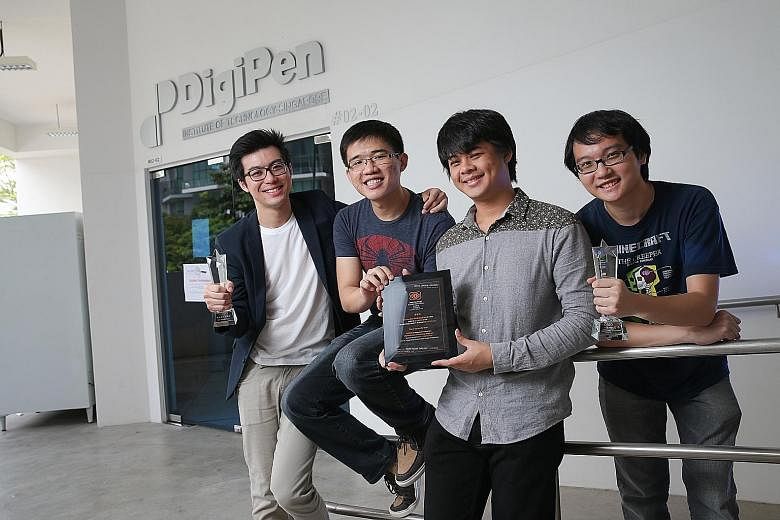 A game developed by DigiPen Institute of Technology Singapore students (from left) Justin Ng, Dexter Chng, Soo Zhong Min and Bryan Teo clinched the award for best student game at the Independent Games Festival last year. The team took six months to c