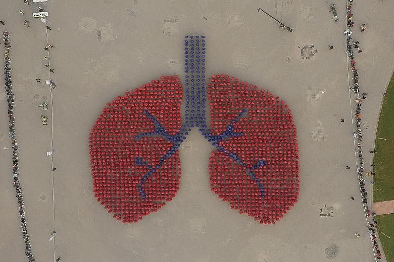 An aerial view of people in blue and red coats forming an image of human lungs, during a successful attempt to set a Guinness World Record for the largest human image of an organ. The event in Beijing, organised by a local health research centre, too