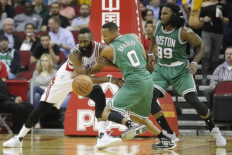 Avery Bradley, challenging the Houston Rockets' James Harden (left), says the Boston Celtics have worked hard to capitalise on forcing turnovers to score points.