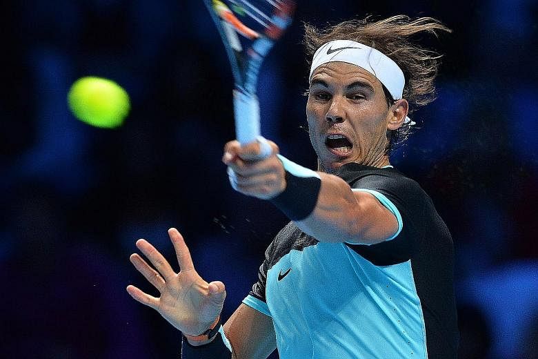 Rafael Nadal on his way to beating Stan Wawrinka 6-3, 6-2 in the ATP World Tour Finals on Monday. The resurgent Spaniard reached the finals in Beijing and Basel as well as the semi-finals in Shanghai. Now ranked world No. 5 after dropping to No. 10, 