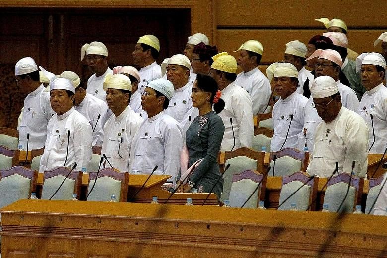 National League for Democracy leader Aung San Suu Kyi attending Myanmar's first Parliament meeting after the Nov 8 general election. After her party's landslide victory, Asia is cautiously awaiting the shape of the government to be formed at the end 