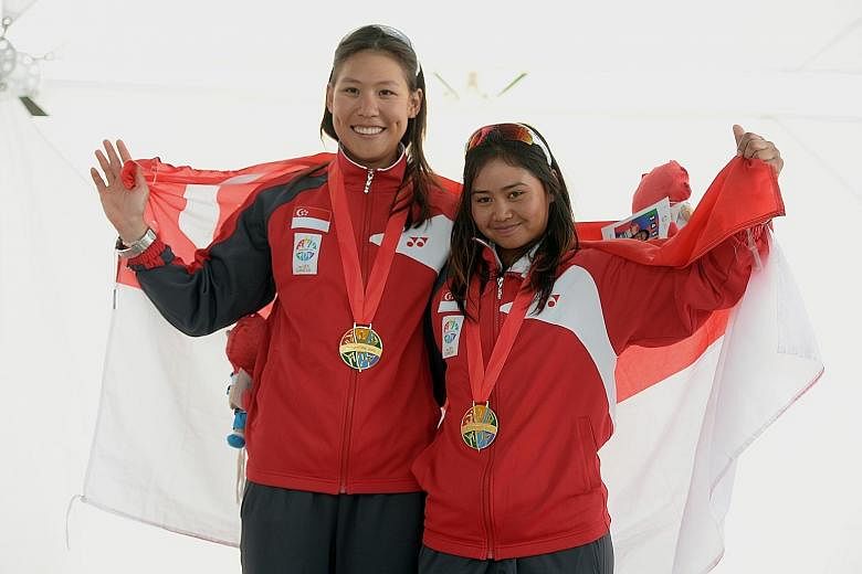 Singapore's Griselda Khng (right) and Sara Tan won gold at the women's skiff 49erFX event at the 28th Sea Games 2015. Their fine form continued in Buenos Aires when they finished 13th out of 44 boats.