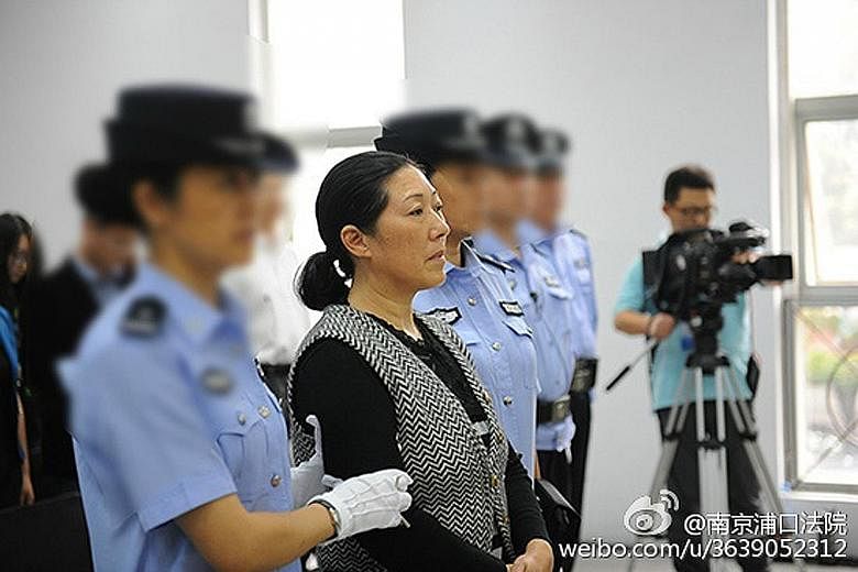 Li Zhengqin (left) had confessed to beating her nine-year-old foster son (right) with a backscratcher and skipping rope for not doing his homework and telling lies. Her six-month prison term was upheld by a local court.