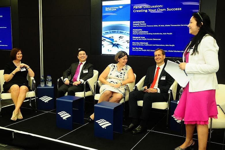 Bank of America Merrill Lynch launched its Asia-Pacific Emerging Women in Treasury programme with a discussion. The panel comprised (from far left) Ms Margaret Lyng, Mr Tan Tzu Ping, Ms Merrilee Matchett, Mr Stefan Leijdekkers and Ms Deepali Pendse.