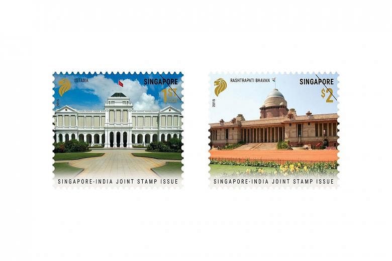 The two stamps in the set depict the two countries' presidential residences - the Istana (left) in Singapore and Rashtrapati Bhavan in New Delhi.