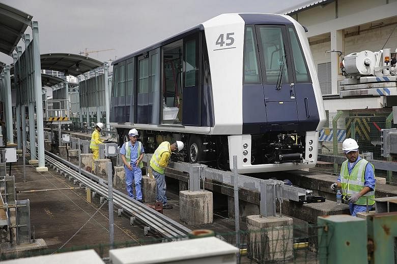 The first two of 16 new train-cars for the Sengkang-Punggol LRT line were delivered on Wednesday morning to the Sengkang depot, where they will undergo tests before being put into operation next year. The 16 train-cars, which will boost the fleet siz