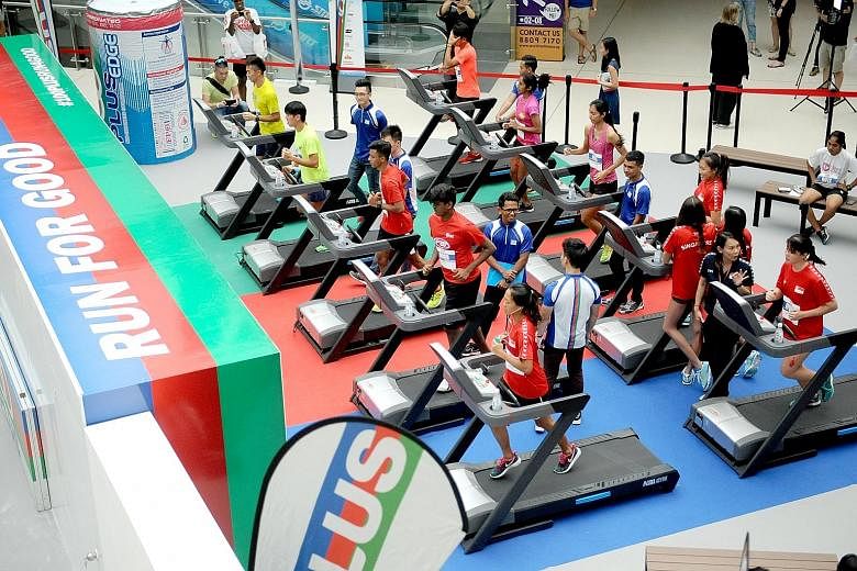 National sprinters Shanti Pereira, Dipna Lim-Prasad and Calvin Kang were among those who hit the treadmills yesterday at the Run for Good event organised by isotonic sports drink brand 100Plus at the Kallang Wave Mall. For each kilometre the athletes