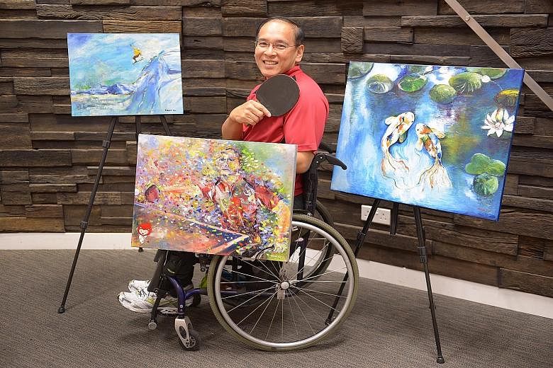 Eugene Soh with some of his art works. The 52-year-old, who is a self-employed mathematics tutor, took up painting as a therapeutic outlet before venturing outdoors to play wheelchair tennis and table tennis.