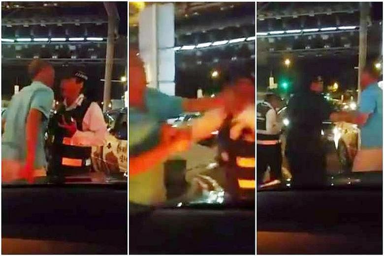 Uber driver Goh Kok Ling (main picture) showing the injuries that he sustained from his clash with an LTA enforcement officer at a Bugis Junction taxi stand last Friday. Above: Stills from video footage of the fight, which was eventually broken up by