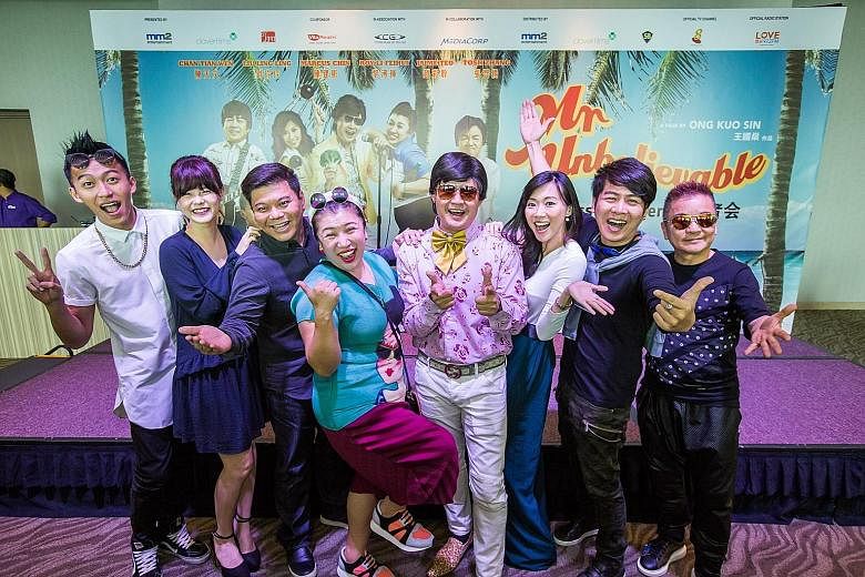 Chen Tianwen (fifth from left) with director Ong Kuo Sin (third from left) and the cast of Mr Unbelievable (from left) Tosh Zhang, Hayley Woo, Liu Lingling, Jaime Teo, Roy Loi and Marcus Chin.