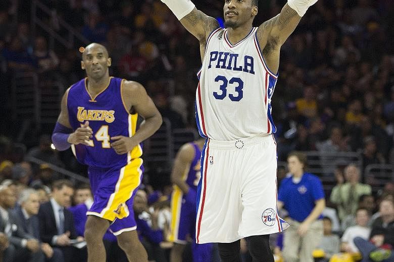 Robert Covington acknowledging the cheers during his 23-point effort, as Philadelphia defeated the Lakers 103-91 to halt their 28-game losing run. Kobe Bryant scored 20 points in his home town.