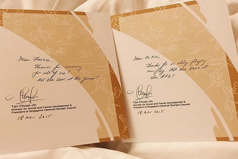 Swimmer Yip Pin Xiu thanking Minister for Social and Family Development Tan Chuan-Jin for his handwritten letters: "Minister Tan wrote letters to all 159 of us athletes. Thank you for your words of encouragement and support, sir! We'll do our best. #