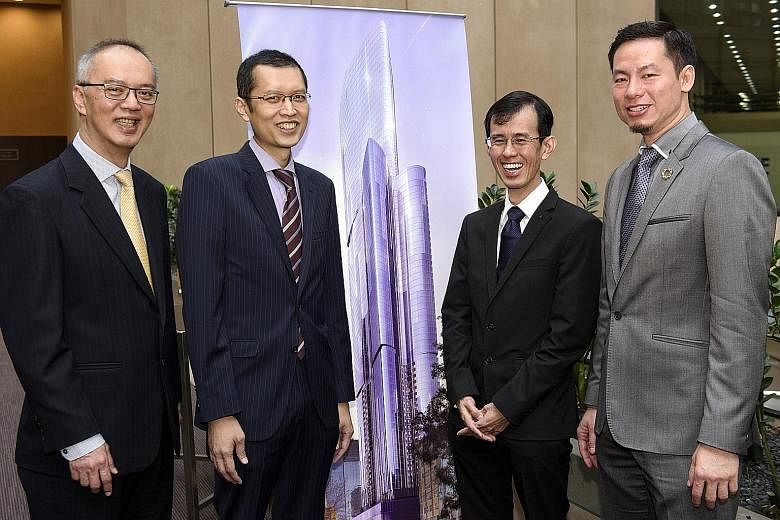 UEM Sunrise CEO Anwar Syahrin Abdul Ajib (second from left) and chief operating officer Raymond Cheah (far right) with Ascendas Hospitality Fund Management CEO Tan Juay Hiang (second from right) and head of asset management Bernard Teo at the signing