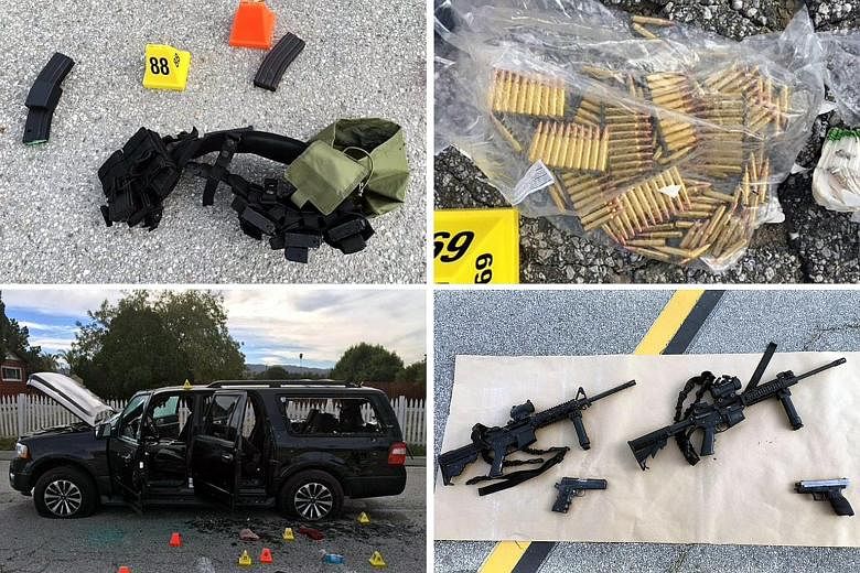 A composite photo made available by the San Bernardino County Sheriff shows weapons and ammunition carried by the suspects involved in the mass shooting at San Bernardino. The suspects, who died in a shoot-out with police, were husband and wife Syed 