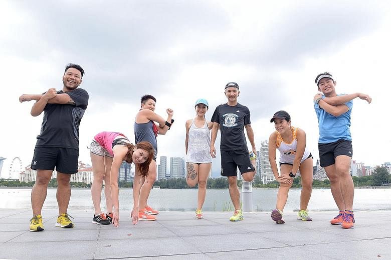 Members of the High Panters during training at the Sports Hub. They are a group of local runners who will be taking part in the Standard Chartered Marathon tomorrow to raise funds and awareness for the Alzheimer's Disease Association Singapore. They 