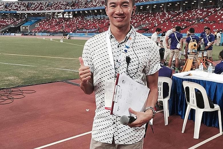 Singapore sprinter Calvin Kang has traded his spikes for the microphone at the Asean Para Games, helping out as an announcer at the athletics competition: "On the ground giving live updates on the field events! This is my first time being an announce