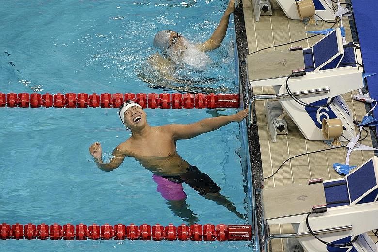 Above: Han Liang Chou finally won a gold, in the 100m breaststroke SB14, on his third Asean Para Games appearance. Left: Toh Wei Soong on his way to capturing the 100m freestyle S8 gold in a personal best time of 1:05.46. It is the 17-year-old ACS(I)