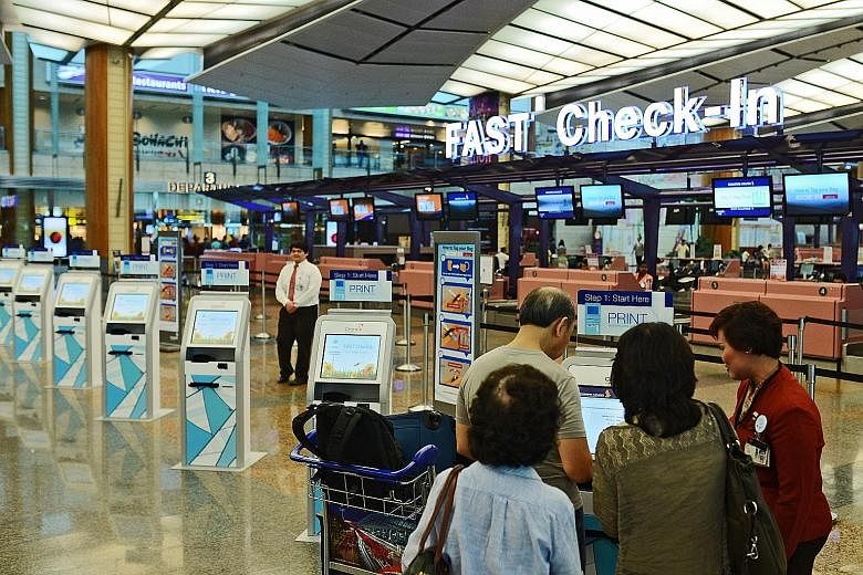 There are close to 50 do-it-yourself machines at SIA and SilkAir counters in T2 (above) and T3. There are, however, customer service agents to help travellers at these kiosks. Changi Airport's Fast and Seamless Travel (Fast) initiatives are part of a