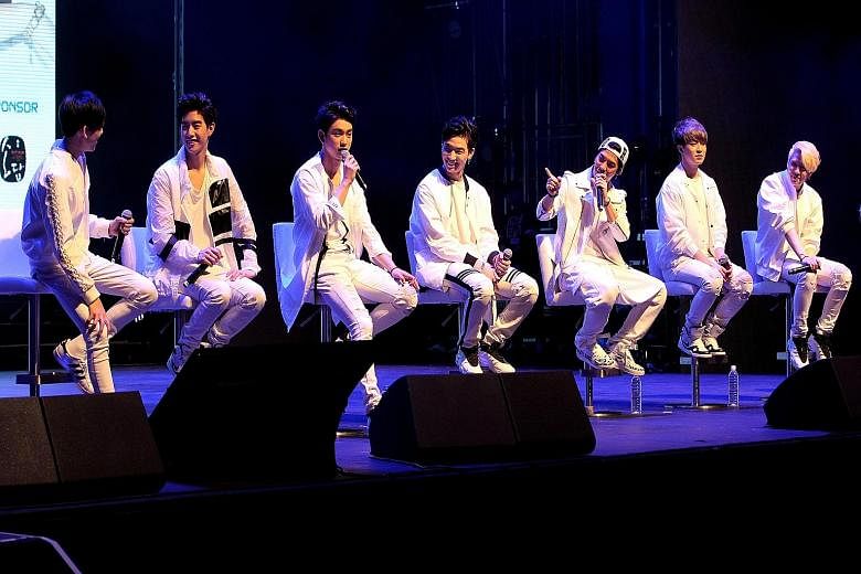 Members of K-pop boyband, Got7 - (from far left) BamBam, Mark, Jr, JB, Jackson, Youngjae and Yugyeom - at the press conference at Kallang Theatre in April.
