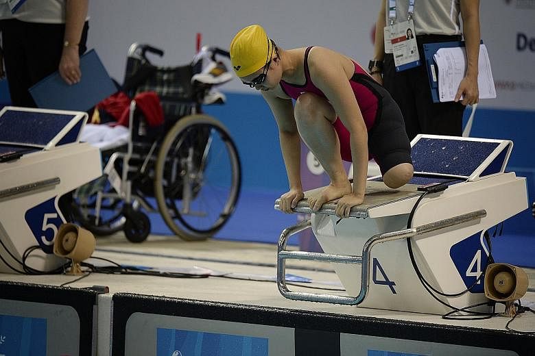 Malaysia's Yeo Yi Lin on the starting block before finishing eighth in the 50m free S9 yesterday. She has competed with great spirit despite suffering dizziness, back stiffness and double vision at these Games.