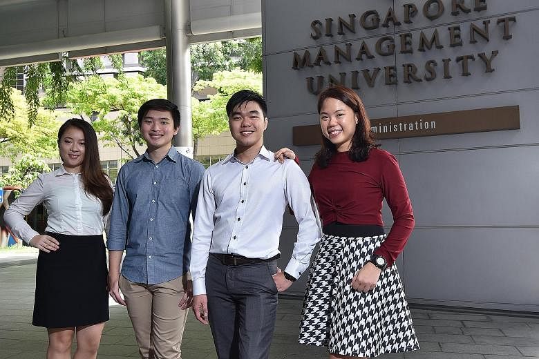 SMU students (from left) Zhang Qianruixue, 23; Nicholas Han, 23; Lee Teck Hui, 25; and Lee Jinq Yi, 24, took part in the school's Entrepreneurship Immersion Programme this year.