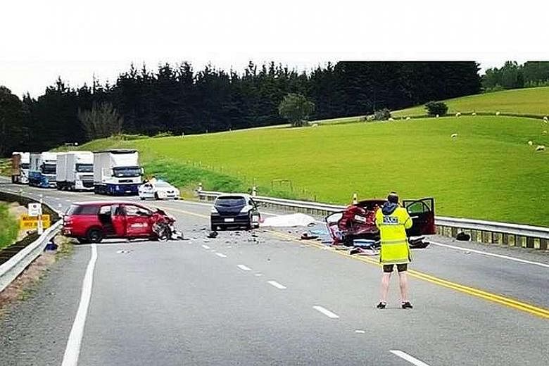The scene of the accident along the state highway in North Otago, about 20km south of Oamaru, on Nov 29. The Singaporean's rented Toyota crashed into two cars and a motorcycle while trying to overtake a group of cars by allegedly crossing the double 