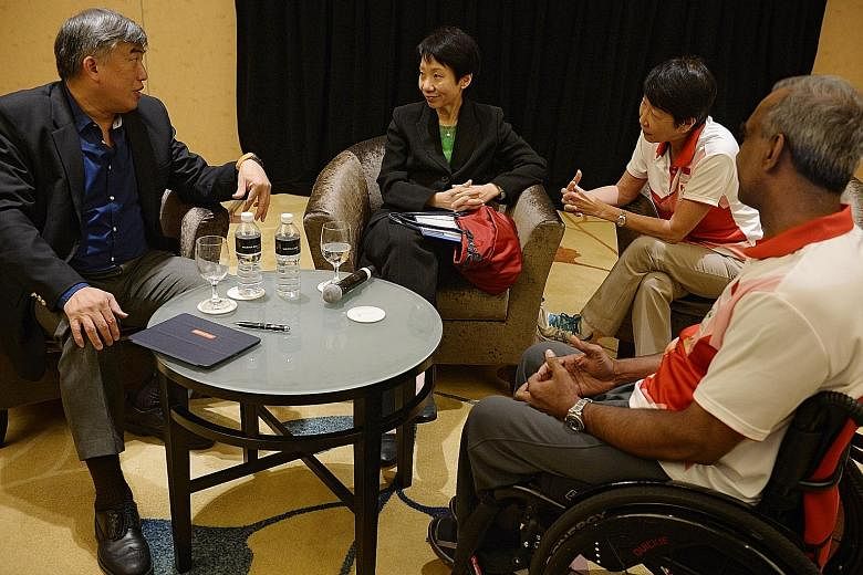 From left: Singapore APG organising committee exco chairman Lim Teck Yin, Minister for Culture, Community and Youth Grace Fu, SDSC president Dr Teo-Koh Sock Miang and Team Singapore's chef de mission Raja Singh during a post-Games review at Marina Ba