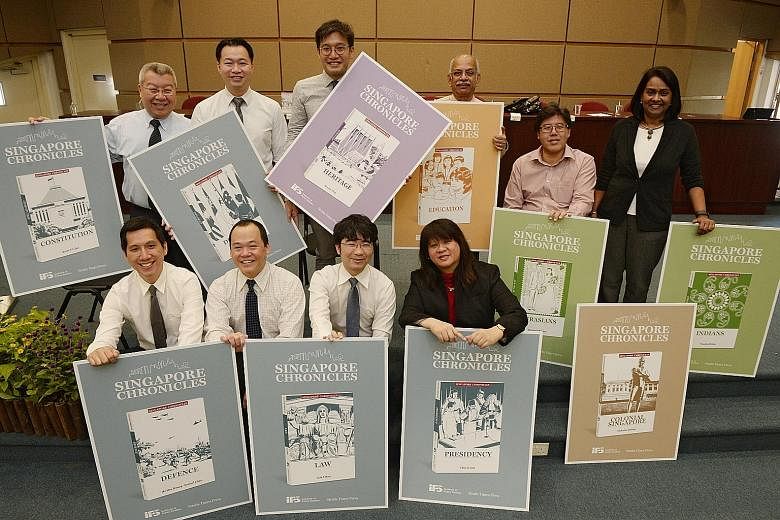The people behind the first 10 titles of the 50-volume Singapore Chronicles series are (back row, from left) Dr Kevin Tan for Constitution; Dr Daniel Chua, co-author of Diplomacy; Mr Kennie Ting for Heritage; Prof S. Gopinathan for Education; Dr Alex