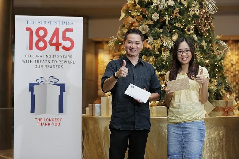 Mr Eber Tan won a semi-buffet lunch for six at European brasserie Ash & Elm in the ST170 Treats initiative, while Ms Wu Wan Ting won a dinner for four at Mandarin Orchard's Triple Three restaurant and a Christmas log cake.