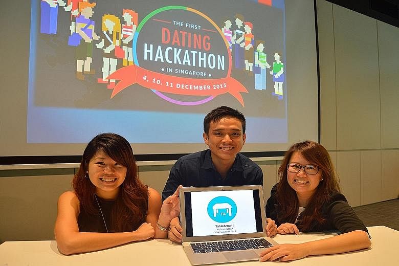 The team of Ms Jasmine Tan, Mr Kevin Go and Ms Amilyn Quah won the top prize of $3,000 with TableAround, a mobile app with an algorithm that groups individuals with similar profiles together. They can then choose to socialise over meals based