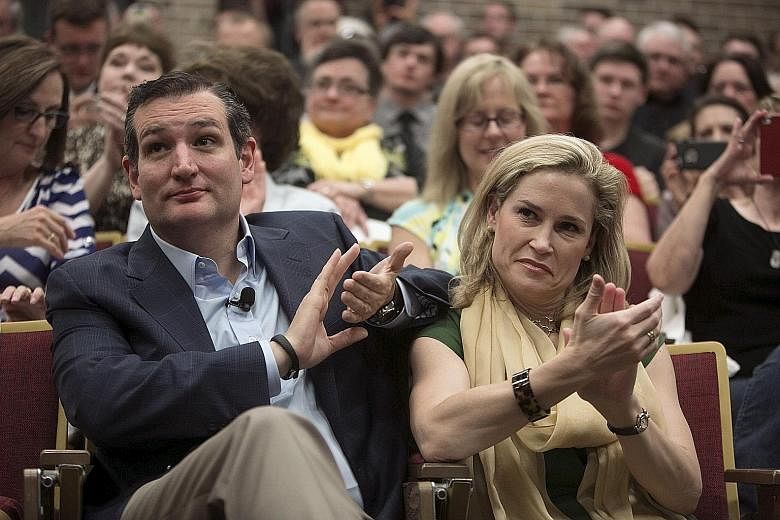 Mr Ted Cruz and his wife Heidi at an event at Morningside College in Sioux City, Iowa, in April. Mr Cruz's leap ahead in the poll suggests that his campaign has gathered momentum and that Iowa voters have begun to decide which candidate they want to 