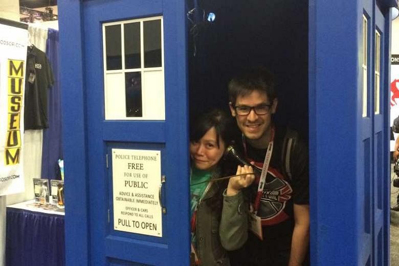 Adan Jimenez and Felicia Low-Jimenez in the Tardis, the time machine featured in TV show Doctor Who.