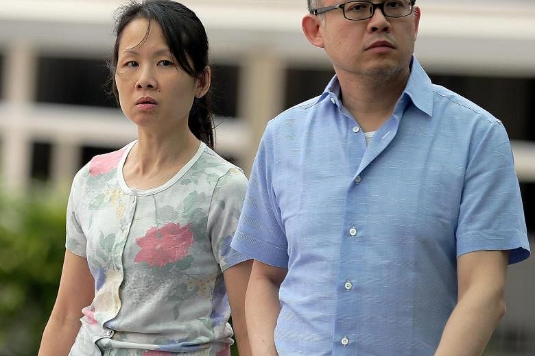 (From left) Chong Sui Foon and her husband Lim Choon Hong claimed trial to charges of failing to provide Ms Thelma Oyasan Gawidan with adequate food. Ms Thelma said she was not allowed to brush her teeth, and could take a cold shower only once or twi